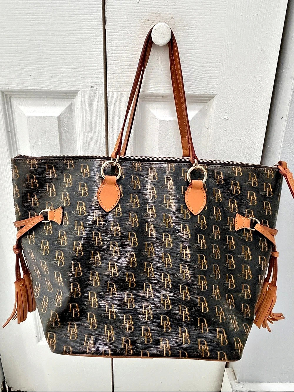 Dooney & Bourke DB 1975 Signature Monogram Tote Brown & Red Tote